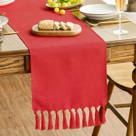 Artoid Mode Red Tassel Table Runner, Christmas Linen Blend Rustic Farmhouse Style Kitchen Table Decoration Holiday Wedding Party Dinning Decor 13x36 Inch