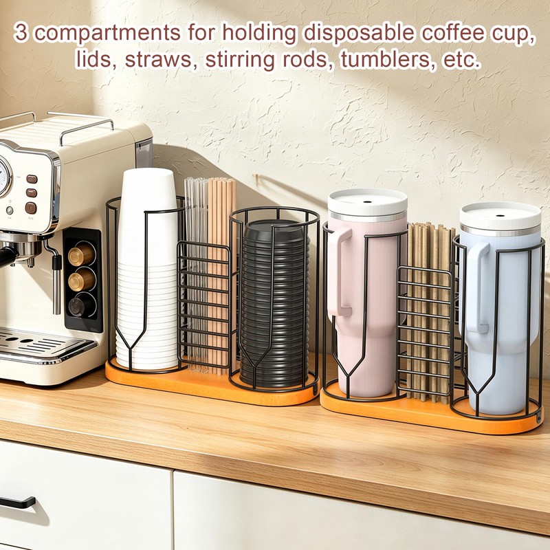 Babudeer 18oz Coffee Cup Holder with Wooden Base, 3-In-1 Plastic