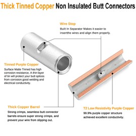 SVAAR 2 Gauge Butt Connectors 8PCS 2 AWG Uninsulated Butt Splice Connectors Tinned Copper Marine Crimp Butt Splices Kit Seamless Barrel Butt Terminals for 2 Gauge Wire & 8PCS 3:1 Heat Shrink Tube