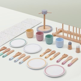 Lonico Wooden Play Kitchen Accessories Toys for Toddlers 3-5, Kids Play Kitchen with Realistic Plates & Dishes & Tableware, Montessori Pretend Christmas Birthday Gifts for 3 4 5 6 Years Girls Boys