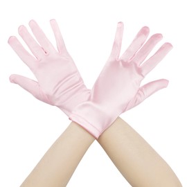 Elerevyo Solid Color Satin Full Finger Gloves Wrist Length Wedding Party Short Gloves for Women One Size Pink