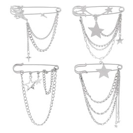 DELORIGIN 4 Styles Silver Star Chain Brooch Pins, Alloy Punk Chain Brooch Hanging Collar Tassel Chain Brooch Pins Hollow Star Safety Pin Brooch for Women Collar Sweater Shawl