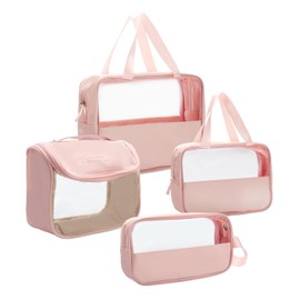 Toiletry Bag, Clear Travel Wash Bag for Toiletries, 4 PCS Portable Waterproof PVC+PU Transparent Makeup Bag with Zippers, Handing Travel Bag for Women and Girls (Pink)