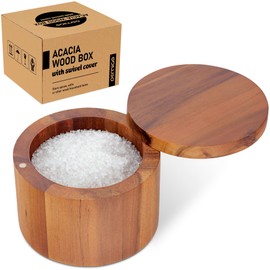 Demigo Acacia Salt Cellar 9 Ounces Capacity, Wood Salt Box With Swivel Cover, Spice Keeper, Wood Jar For Kitchen, Perfect For Keeping Table Salt, Gourmet Salts, Herbs or Favorite Seasonings