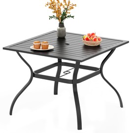 PHI VILLA 37 Inch Outdoor Dining Table Metal Steel Slat Square Patio Dining Table with 1.57" Umbrella Hole for Garden, Backyard and Porch (Classic Black)