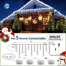 Christmas Icicle Lights for Outside, 75Ft 600 LED 8 Modes LED Christmas Twinkle Lights, White Multicolor 2in1 Plug in Icicle Lights Waterproof Timer for Holiday Party Wedding Christmas Decorations