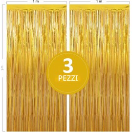 Lametta - Tenda color oro, 3 pezzi (1 m x 3 m), effetto metallizzato, con frange, decorazione per feste, feste di compleanno, foto, sfondo per matrimoni, discoteca, Natale
