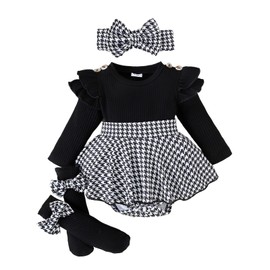 Loalirando Newborn Baby Girl Clothes Set Fall Winter Clothes Long Sleeve Houndstooth Print Romper Jumpsuit Dress with Headband and Long Socks Set (Black, 0-3 Mnths)