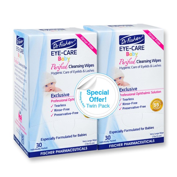 Purified, Non Irritating, Hypoallergenic & Sensitive Approved Baby Eyelid Wipes by Dr. Fischer – Pre-moistened, Rinse Free and Pediatrician Recommended (Twin Pack)