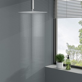 Lordear 16 Inch Rainfall Shower Head Solid Square Ultra Thin 304 Stainless Steel Polish Chrome Rain Shower Head Waterfall Full Body Coverage with Silicone Nozzle