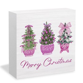 HYKDFMNCJ Coquette Bow Chinoiserie Christmas Tree Wooden Box Sign Desk Decor, Purple Christmas Decor, Grandmillennial Preppy Xmas Wood Signs for Home Office Desk Table Shelf Decorations, 5x5 Inch