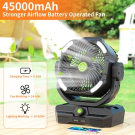 TDLOL 45000mAh Battery Powered Fan Rechargeable, High Velocity 360°Auto-oscillating Powerful Airflow Battery Operated Fans, Quiet & 8H Timer Cordless Outdoor Fan for Bedroom Travel X66 Black