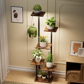 46" Tall Plant Stand with Grow Lights, 6-Tier Corner Plant Shelf Indoor Wooden Plant Shelf for Multiple Plants, Flowers, Herbs – Sturdy Metal Frame Plant Display Rack for Living Room, Home Decor