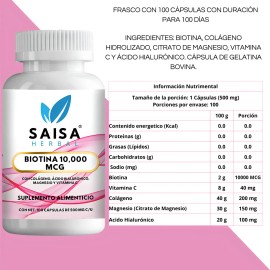 Biotina 10,000 Mcg + Ácido Hialurónico + Colágeno + Magnesio | 200 Cápsulas | Saisa Herbal | Suplemento Alimenticio Calidad Premium | Cabello, Piel Y Uñas Saludables
