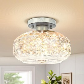 APOTO Industrial Semi Flush Mount Ceiling Light Fixture Brushed White Oak,Globe Glass Hallway Light Fixture Ceiling Light,Vintage Kitchen Light,Farmhouse Light for Entryway Bathroom,Bulb Not Included