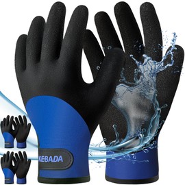 Kebada T2 Waterproof Work Gloves for Men and Women, Thermal Warm Winter Work Gloves, Insulated Freezer Work Gloves for Cold Weather, 100% Latex Coating, Wrist Closure, 2 Pairs, Blue, Large