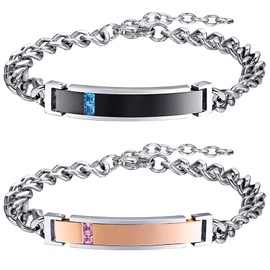 JewelryWe Jewellery Men's Women's Partner Bracelet With Engraving, Love Friendship Bracelet, Shiny Polished Curb Chain, Stainless Steel Cubic Zirconia, Black, Rose Gold, Silver, Stainless Steel