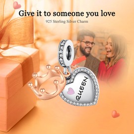 Rimgoris 925 Sterling Silver Pendants Charm for Women Bracelets Rose Glod Crown Queen Heart Love 5A Cubic Zirconia Gift Charms for Women