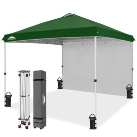 EAGLE PEAK Pop Up Canopy Tent with 1 Sidewall, Easy Setup Event Tent, Outdoor Sun Shade, Wheeled Carry Bag, Stakes and Guy Ropes, Instant Canopy 10x10, Green