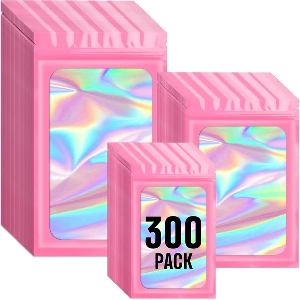 Funfery 300 Pack 3 Size Mylar Holographic Bags with Clear