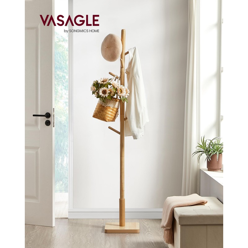 VASAGLE Solid Wood Coat Rack, Free Standing Hall Coat Tree