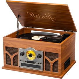 10-in-1 Record Player with Built-in Speakers Wireless Playback, CD & Cassette Player, USB Player, AM/FM Radio, 3 Speeds Turntable Vinyl Record Player Mahogany
