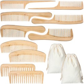 Honeydak Juego de 10 peines de bambú naturales hechos a mano antiestáticos, incluye peines de dientes anchos y finos, cola de rata, para desenredar ca