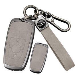 ontto Car Key Fob Cover Case fit for Ford Everest Fusion Mustang Explorer F150 F250 EcoSport Edge S-MAX Ranger Smart Key holder Metal Leather Shell bag keyring keychain accessories 2 buttons Grey