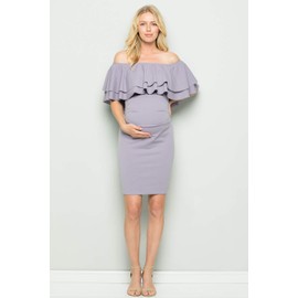 My Bump Double Layer Ruffle Maternity Dress-Fitted Off-Shoulder Baby Shower Pregnancy(Lavender NPAB, Large)