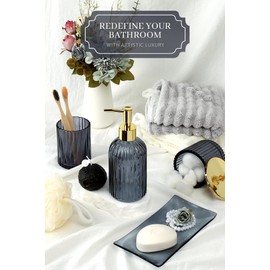 Designer Blue Glass Bathroom Accessories Sets - 4 Pcs with Lotion Soap Dispenser, Bathroom Toothbrush Holder, Vanity Tray, and Apothecary Jar, Vintage Bathroom Decor, Gift Countertop Organizer