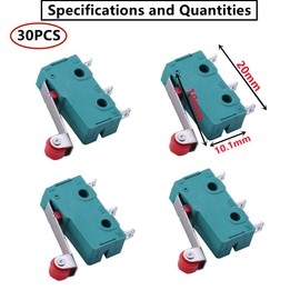 HUAZIZ 30 Pieces 250V 5A SPDT 1NO 1NC Momentary Hinge Roller Lever Micro Switch 3 Pins, Limit Switch with Momentary Roller Lever Arm Snap Action Hinge Mini Toggle Switch, Green