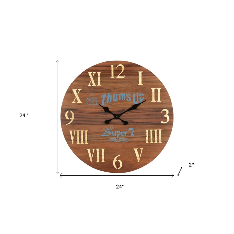 HomeRoots 24" Brown Solid Wood Silent Analog Round Wall Clock