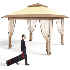 GarveeLife 11'x11' Gazebo Outdoor Pop up Canopy Tent with Curtains and 121 Square Shelter for Patio,Backyard Party, with Mosquito Netting, 2-Tiered Vented Top,Beige