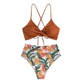 ZAFUL Twist High Waisted Bikini for Women Cross Lace Up Bathing Suit Ruched Bikini Swimsuits Tummy Control Swimwear Orange Floral M