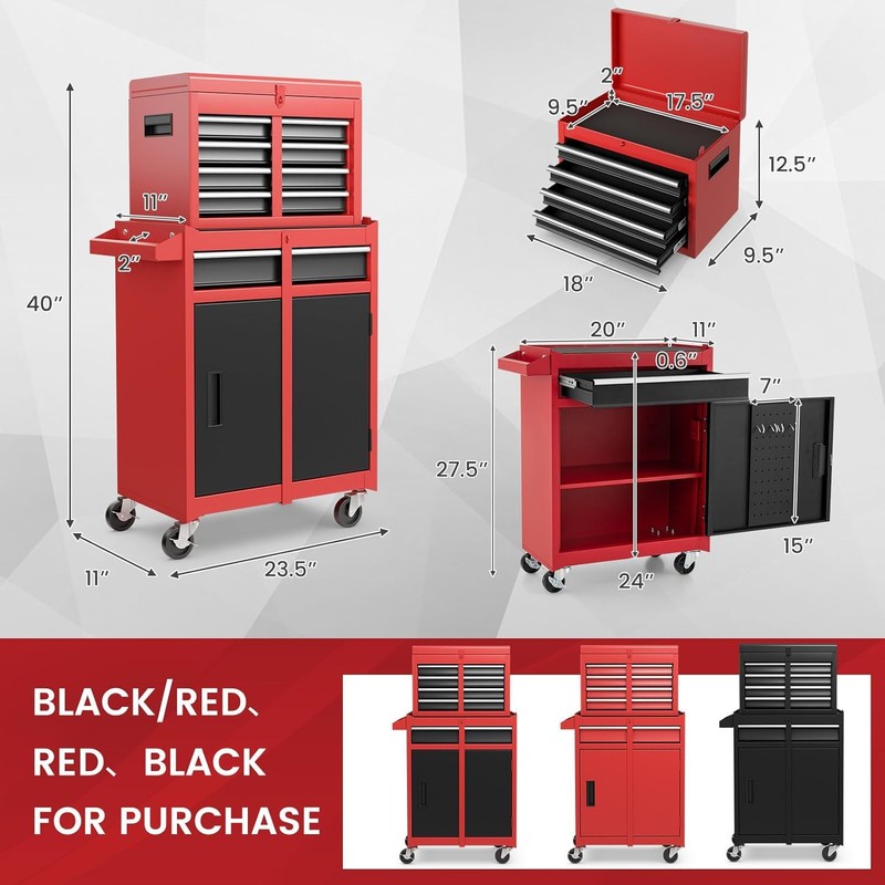 HOMGX 5-Drawer Tool Combination Cabinet, Rolling Toolbox w/Detachable Top &