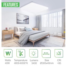 HYBEC - Bathroom Ceiling Light, LED Ceiling Light, Bathroom Ceiling Light, LED Ceiling Light, Hallway, LED Lamps, Ceiling Lamps, Bathroom Ceiling Lamps, Square 40 W (Pack of 1)