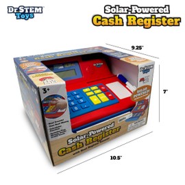 Dr. STEM Toys Pretend & Play Calculator Cash Register with Play Money – Solar Powered, 67-Piece Set for Learning Math Skills, STEM Cash Register for Kids, Red