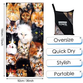 Zomer Beach Towel Large 90 x 180 cm Quick-Drying Microfibre Printed with All Types of Cats Motif