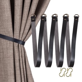 Home Queen Black Leather Curtain Tie Backs, Outdoor Drape Holder Holdbacks Tiebacks with Wall Hooks, 4 Pack