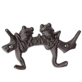Abbott Collection Frogs on Branch Decorative Double Wall Hook - Cast Iron, Dark Brown (7" L)