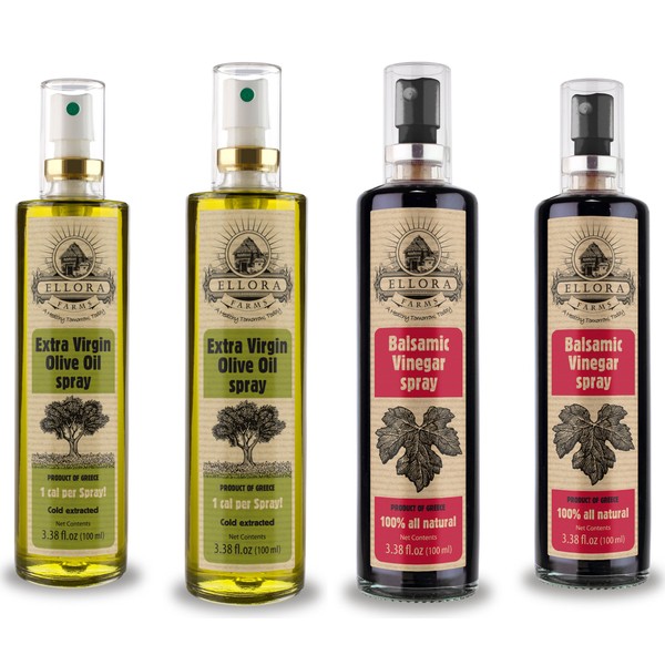 Ellora Farms, Extra Virgin Olive Oil and Balsamic Vinegar in Spray Bottles, Bottled at source in Crete, Greece, 3.38 oz. Heavy Glass Spray bottles, Pack of 4