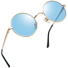 Joopin Small Round Sunglasses Circle Shades for Women Men Metal Circular Sun Glasses Polarized UV Protection (Gold Tinted Blue)