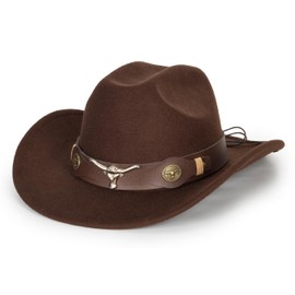 Brown Cowboy Cowgirl Hat for Women Men Western Style Wide Brim Felt Fedora Panama Hat with Detachable Belt Buckle
