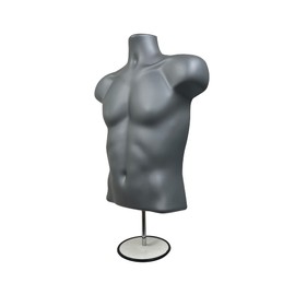 DisplayTown Gray Male Mannequin Torso with Stand Dress Form Tshirt Display Countertop Hollow Back Body with Metal Pole & Hanging Hook S-M Clothing Sizes (Set of 4)