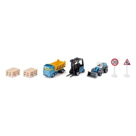 Siku 6336, Set Regalo Cantiere, Include Camion, Carrello Elevatore, Pala Caricatrice, 6 Bancali, 2 Cartelli Stradali, Metallo,Plastica, Giallo,Blu, Parti Mobili