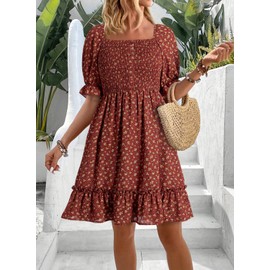 Dokotoo Summer Dresses for Women Ladies Short Sleeve Floral Spring Dresses for Women 2025 Casual High Waist Beach Bohomian Cute Babydoll Mini Dress Womens Fashion Sun Dress Brown Medium