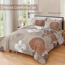 Yiran Floral Comforter Set King Size,7 Pieces Bed in a Bag Taupe Brown Comforter Soft Microfiber Bedding Sets 104"×90"