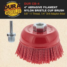 Dura-Gold 4" Abrasive Filament Nylon Bristle Cup Brush - 5/8" 11 Thread, 1/4" Hex Drill Shank Arbor, Coarse Grit Angle Grinder Brush for Truck Bed Liner Surface Prep, Sanding, Rust & Paint Removal