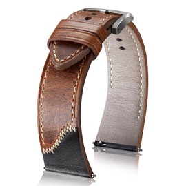 [BINLUN] Leather Watch Strap 20mm 21mm 22mm 24mm Handmade Leather Watch Band Quick Release Retro Two Color Patchwork Design Replacement Watch Band for Men Women (22mm,Light Brown/Silver)