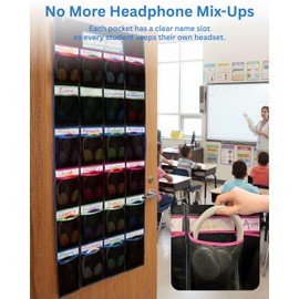 Loyipu Classroom Headphone Organizer – 24 Mesh Pockets with Name Tags, Hanging Headset Storage with 3 Door Hooks for Computer Lab & Testing (Classroom Rainbow Trim on Black Mesh)